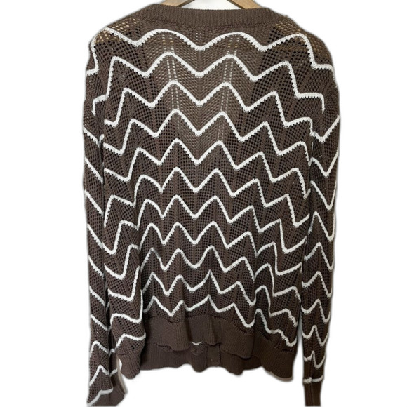 Andree by Unit Women’s Plus V-Neck Cardigan Loose Weave Chevron Stripe Brown 1X - Picture 2 of 7